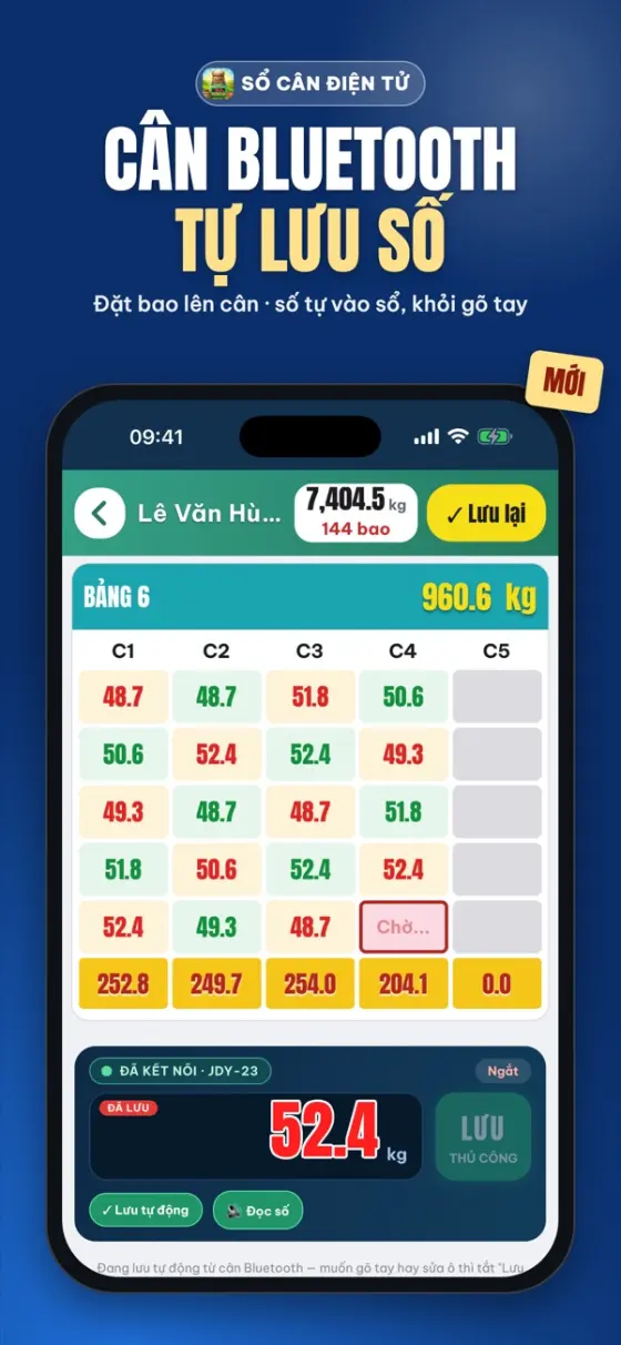 App Sổ Cân Điện Tử nối cân Bluetooth, số cân tự lưu vào bảng