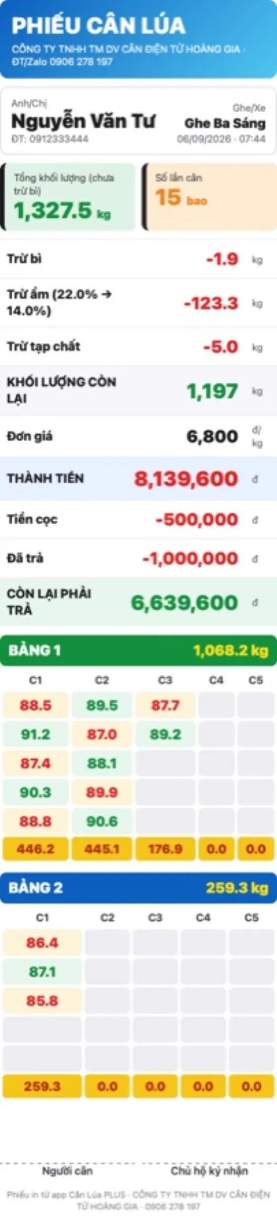 Phiếu cân lúa PDF xuất từ app Sổ Cân Điện Tử